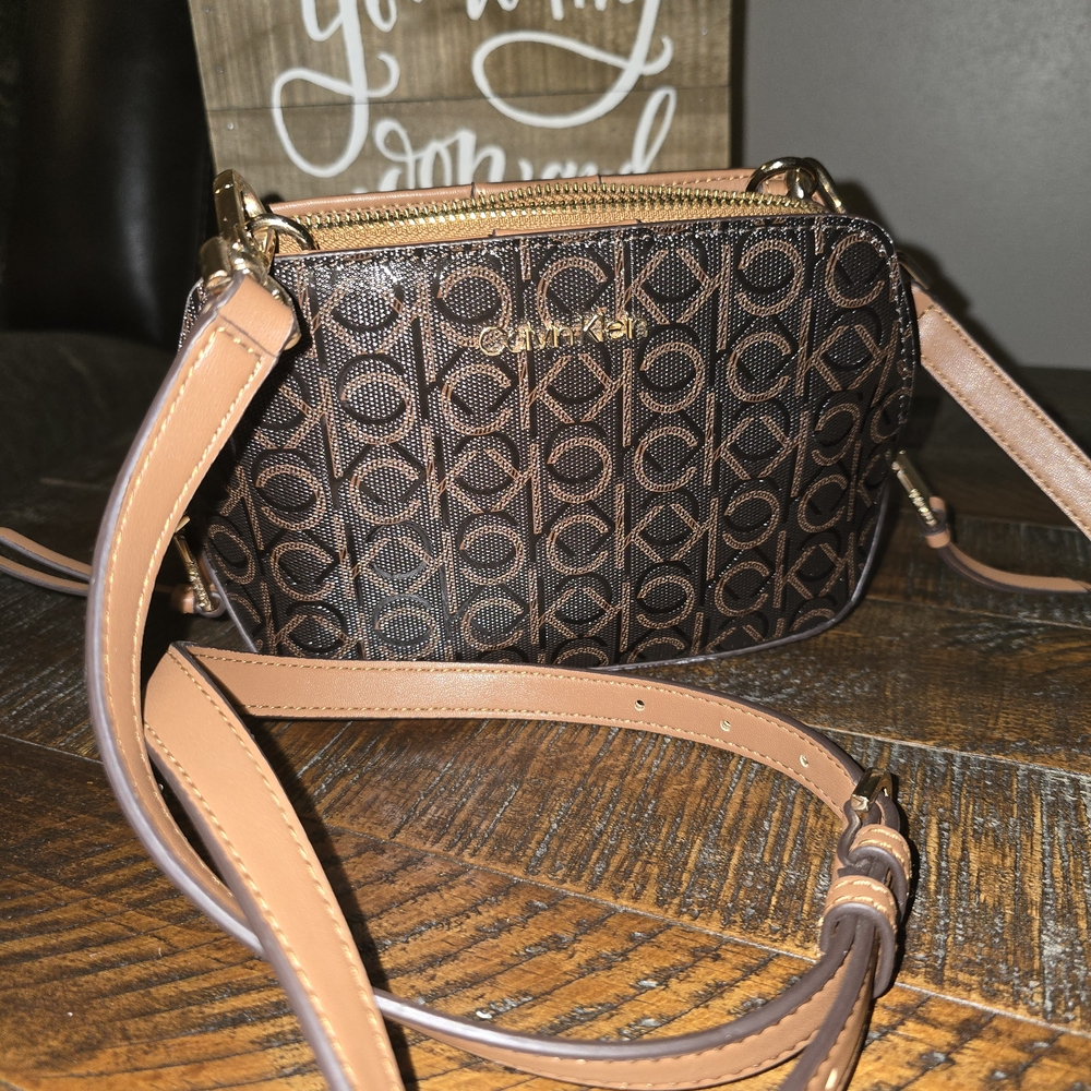 Calvin Klein Brown Crossbody Bag with Monogram Pattern
